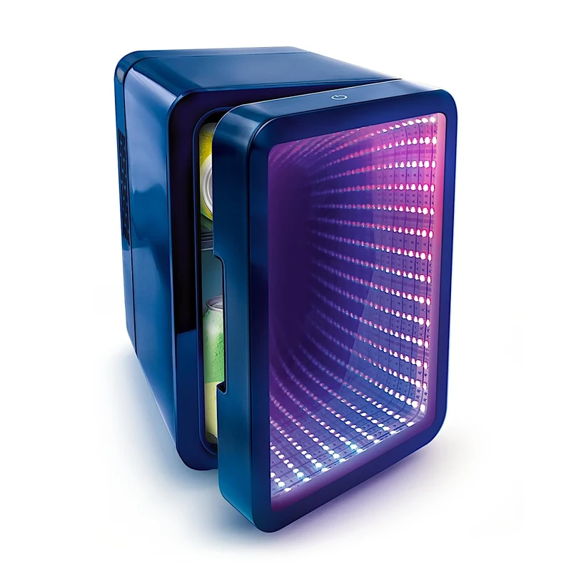 So Chill Canal Toys Infinity LED Mini Fridge - 6 Cans or 8 Mini Cans - Mirror Effect Door - 12 Light Modes - Stickers - for Desk, Bedroom, Car - USB Power Supply (5V SELV) - INF 041