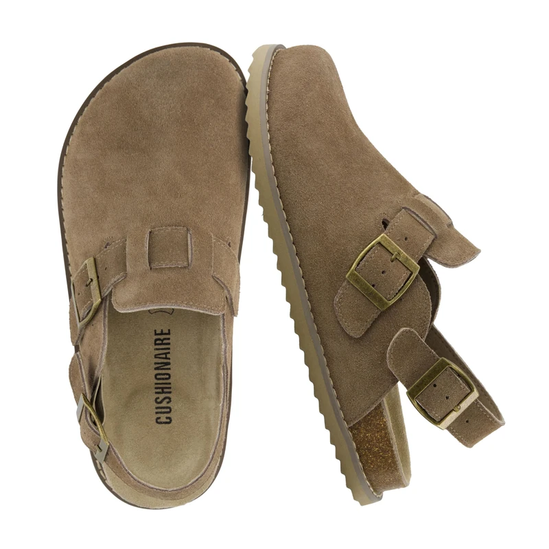 CUSHIONAIRE Brooklyn Women's Suede Clogs - Adjustable Slingback Clog Sandal with Buckle, Memory Foam, Wide Widths, Taupe Suede, Wide