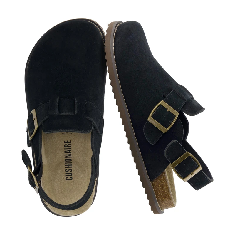 CUSHIONAIRE Brooklyn Women's Suede Clogs - Adjustable Slingback Clog Sandal with Buckle, Memory Foam, Wide Widths, Black Suede, 8.5 Wide