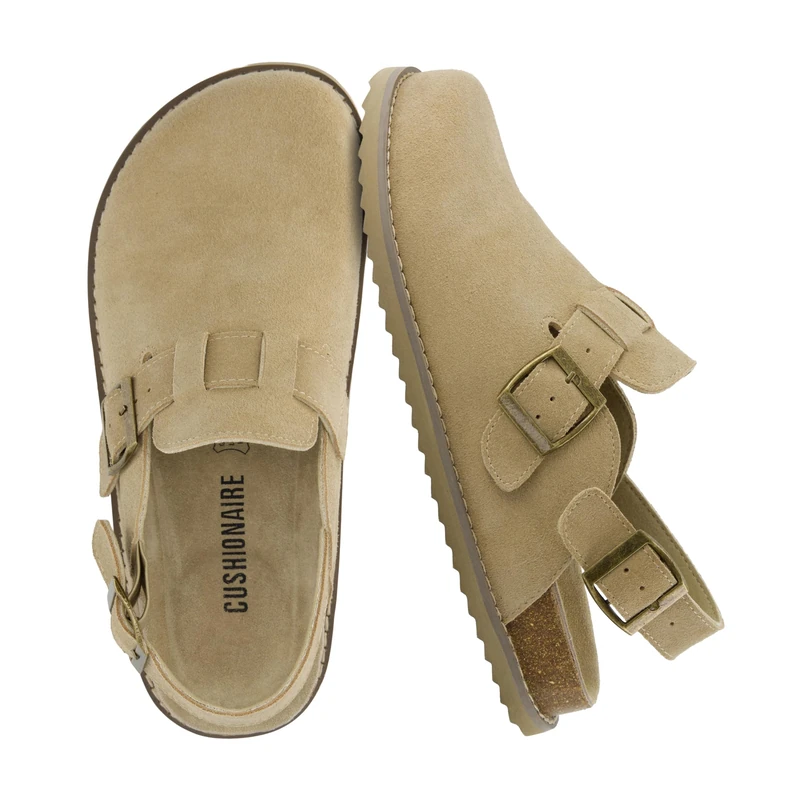 CUSHIONAIRE Brooklyn Women's Suede Clogs - Adjustable Slingback Clog Sandal with Buckle, Memory Foam, Wide Widths, Biscuit Suede, 4.5 UK