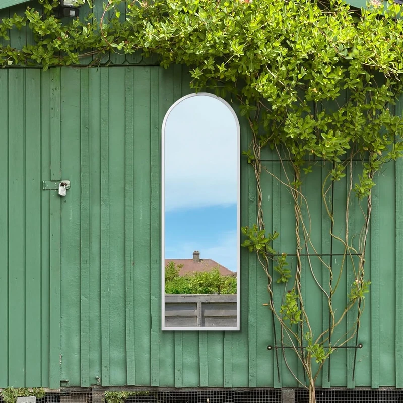 MirrorOutlet The Arcus - White Framed Window Modern Full Length Arched Garden Mirror 63" X 21" (160x53CM) Silver Mirror Glass with Black All weather Backing.