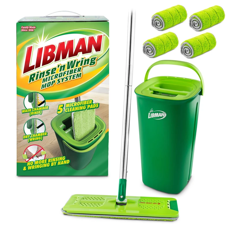 Libman Rinse 'n Wring Mop and Bucket System | Microfiber Floor Mop | Hardwood Floor Cleaner | Wet & Dry Mop | Clean & Dirty Water Chambers | Power Blades | 5 Total Microfiber Pads