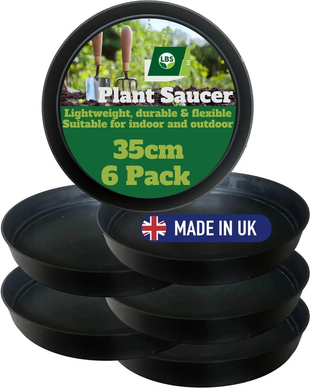 6 Pack Outdoor & Indoor Plant Pot Saucers – Frost & Crack Resistant. Durable Round Black Trays, High Rims, Lightweight And Reusable. UK Made. Prevent Surface Damage & Catch Excess Water. 35cm Diam.