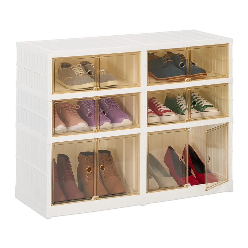 Relaxdays Shoe Storage, Folding Cabinet, 66.5x86.5x34.5 cm, for 12 Pairs, Plastic, Footwear Rack on Wheels, White/Brown