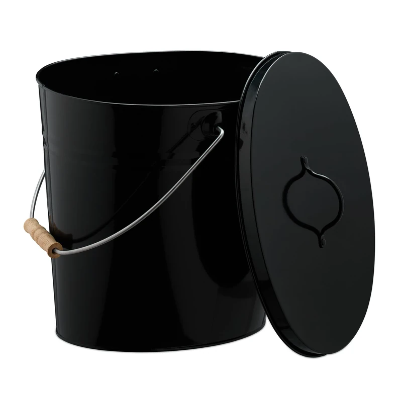 Relaxdays Ash Bucket with Lid, 12 Litres, Wooden Handle, for Coal & Briquettes, Fireplace Bin, Steel Container, Black, Wood