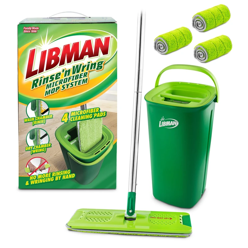 Libman Rinse 'n Wring Mop and Bucket System | Microfiber Floor Mop | Hardwood Floor Cleaner | Wet & Dry Mop | Clean & Dirty Water Chambers | Power Blades | 4 Total Microfiber Pads