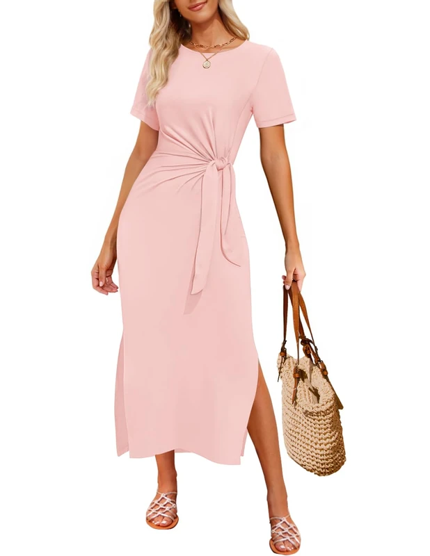 ZESICA Women's Summer Short Sleeve Bodycon Midi Dresses 2025 Casual Crewneck Knit Wrap Tie Waist T Shirt Long Dress, Dusty Pink, S