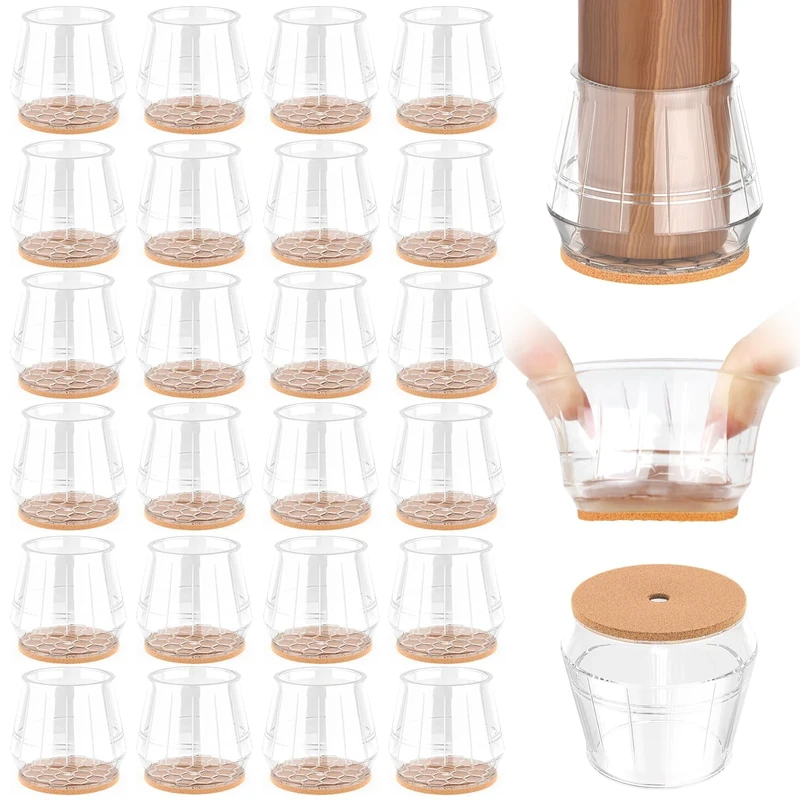 yomanta Chair Leg Floor Protectors 24PCS，Silicone Felt Furniture Leg Cover，Furniture Feet Protectors Pads，Protect Floors from Scratches，Reduce Noise -Round, Clear XL(Fit 35-45mm)