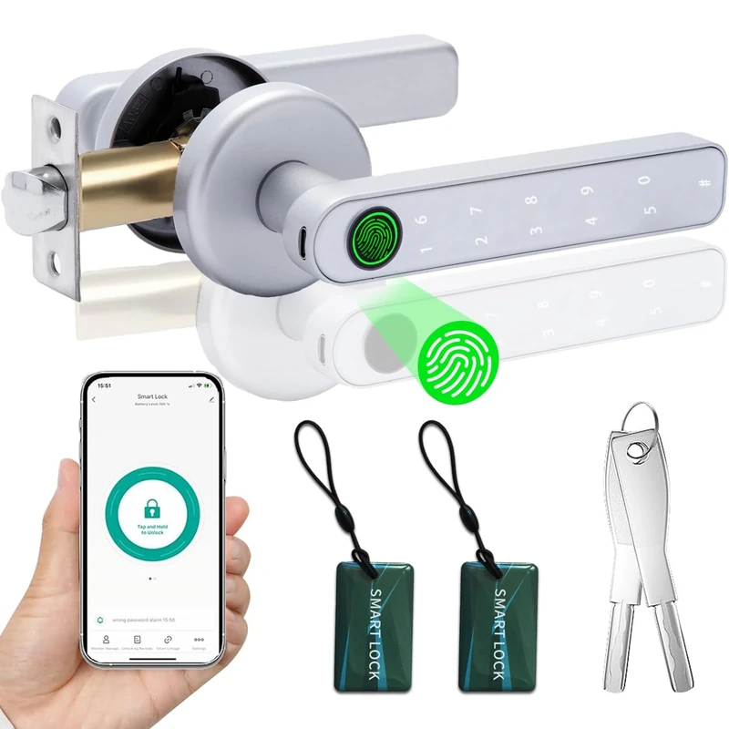Fingerprint Smart Door Lock 5 in 1, Keyless Entry Door Knob with APP/IC Card/Fingerprint/Keys, 50 Fingerprints/100 Codes, Biometric Door Lock for Front Door Bedroom Office Hotel(Silver)