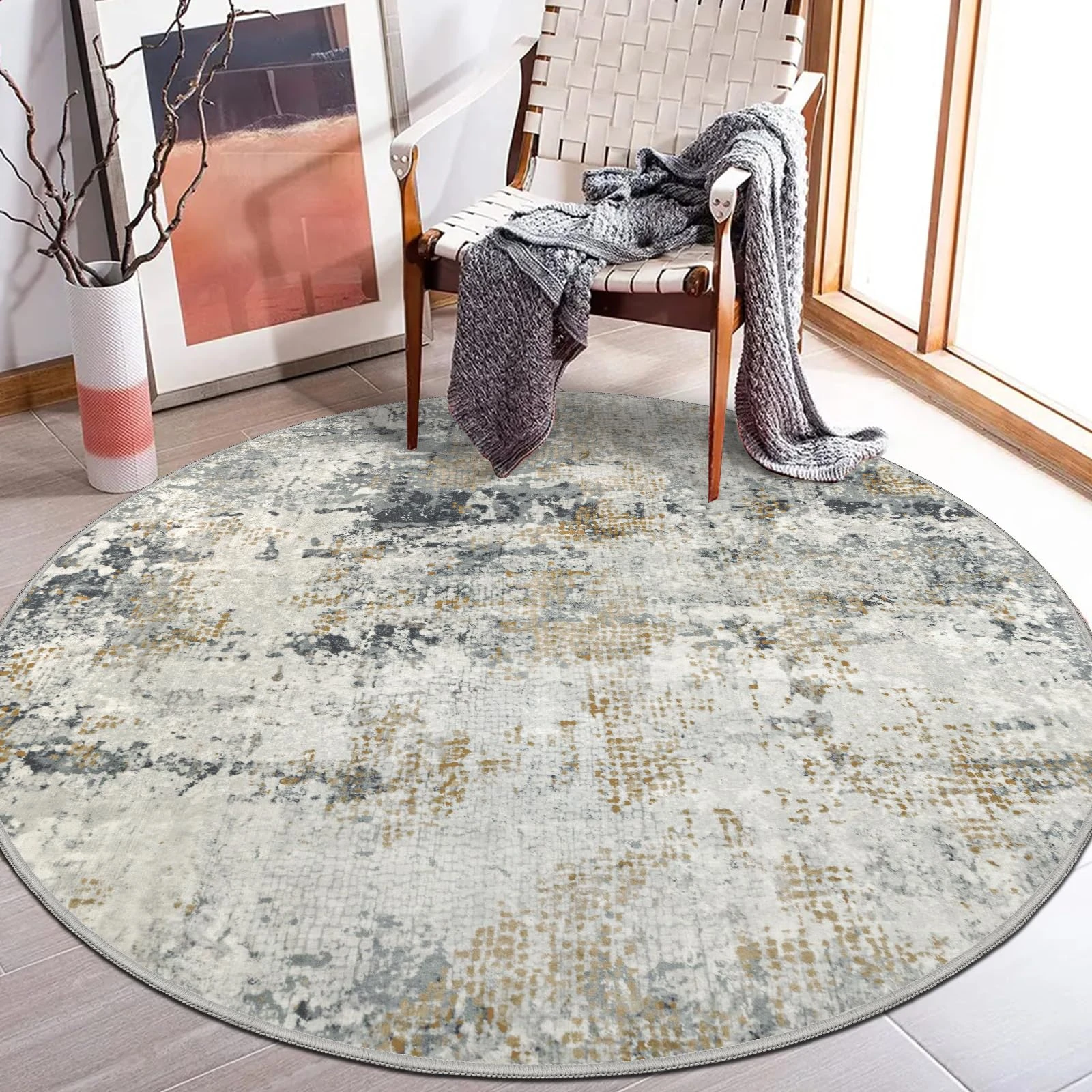 Capslpad Abstract Rugs Round ø135cm Living Room Modern Non-Slip Area Rug Round Machine Washable Floor Carpet Short Pile Soft Minimalist Circle Rug Beige for Living Room Bedroom Nursery, Gray Gold