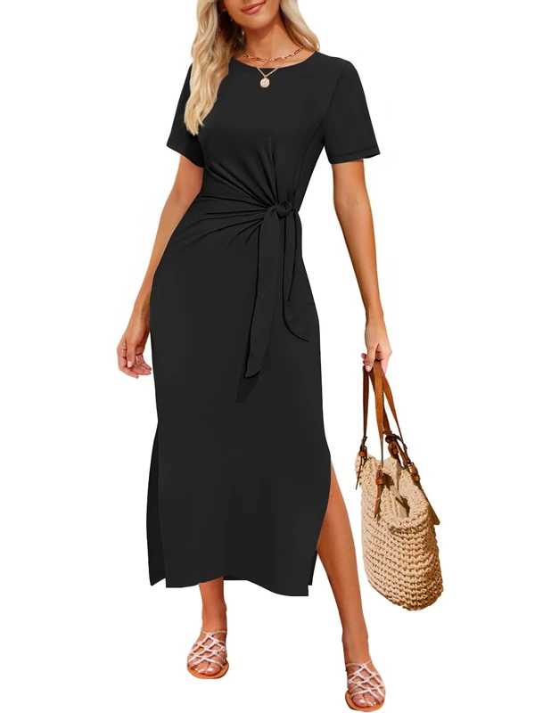 ZESICA Women's Summer Short Sleeve Bodycon Midi Dresses 2025 Casual Crewneck Knit Wrap Tie Waist T Shirt Long Dress, Black, S