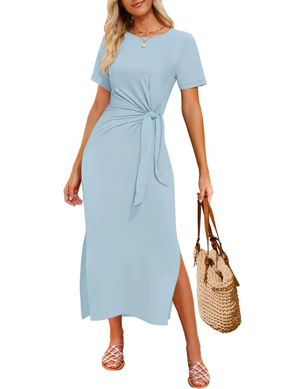 ZESICA Women's Summer Short Sleeve Bodycon Midi Dresses 2025 Casual Crewneck Knit Wrap Tie Waist T Shirt Long Dress, Blue, S