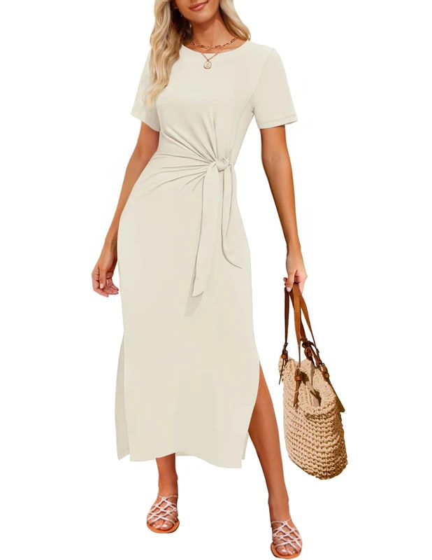 ZESICA Women's Summer Short Sleeve Bodycon Midi Dresses 2025 Casual Crewneck Knit Wrap Tie Waist T Shirt Long Dress, Apricot, M