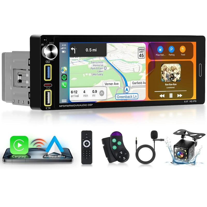 Single Din Apple Carplay Car Radio with Wireless Android Auto, Hodozzy 6.9 inch 1 Din Car Stereo Touchscreen Support Bluetooth 5.2 FM Radio Type-C USB Fast Charge Mirrorlink EQ SWC Backup Camera