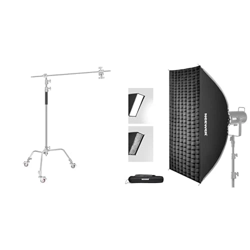 NEEWER Pro 100% Metal C Stand Light Stand with Wheels, Max. Height 10.8ft/330cm Adjustable Reflector Stand with 4ft/120cm Boom Arm, 24"x35" Quick Setup Foldable Rectangular Strip Softbox Bowens Mount