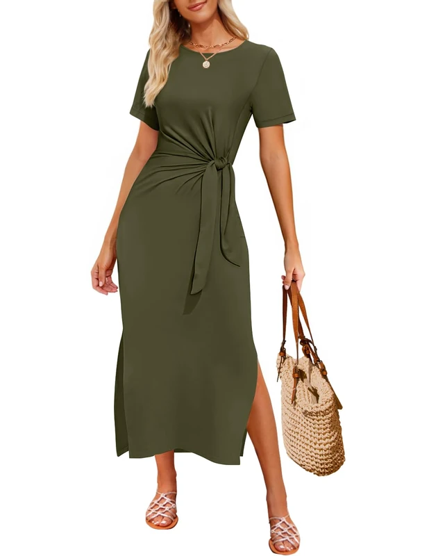 ZESICA Women's Summer Short Sleeve Bodycon Midi Dresses 2025 Casual Crewneck Knit Wrap Tie Waist T Shirt Long Dress, Army Green, S
