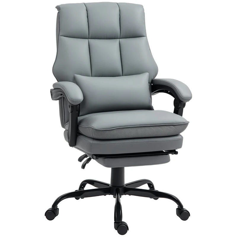 HOMCOM Executive Office Chair with Footrest, PU Leather High Back Desk Chair with Lumbar Support, Swivel Computer Chair with Adjustable Height and Padding Armrests, Grey