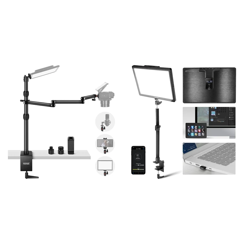 NEEWER GL1 PRO 15.5" Key Light Streaming Light, Video Light with 2.4G PC, Mac Control & iOS Android APP, LED Panel Light with Desk Clamp, Telescoping Table Mount with Foldable Arm Three Part 4ft Clamp