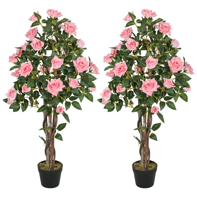 HOMCOM Set of 2 Decorative Artificial Plants, Faux Silk Rose Trees in Pot, Fake Plants for Home Indoor Decor, 110 cm, Pink