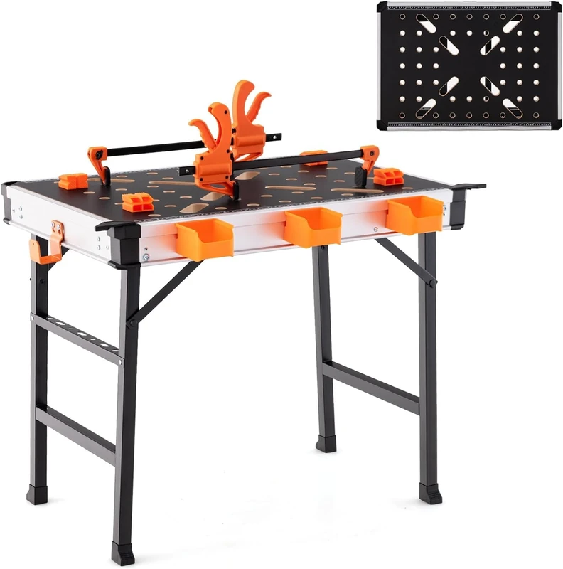 FANTASK Folding Work Table up to 454 kg Load Capacity Tool Table for Garage Workshop Workbench with 2 Quick Clamps, 4 Clamping Hooks, 3 Tool Boxes & Metal Frame