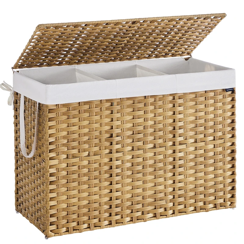 SONGMICS Laundry Basket, 200 L Synthetic Rattan Storage Basket with Lid and Handles, Wicker, Foldable, Removable Liners, for Blankets, Clothes, Living Room, Laundry Room, Natural Colour LCB320Y01