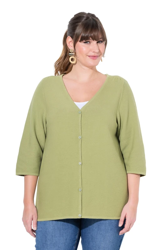 Ulla Popken Ladies Plus Size Plus Size V-Neck 3/4 Sleeve Organic Cotton Cardigan, Green (sage), 24/26