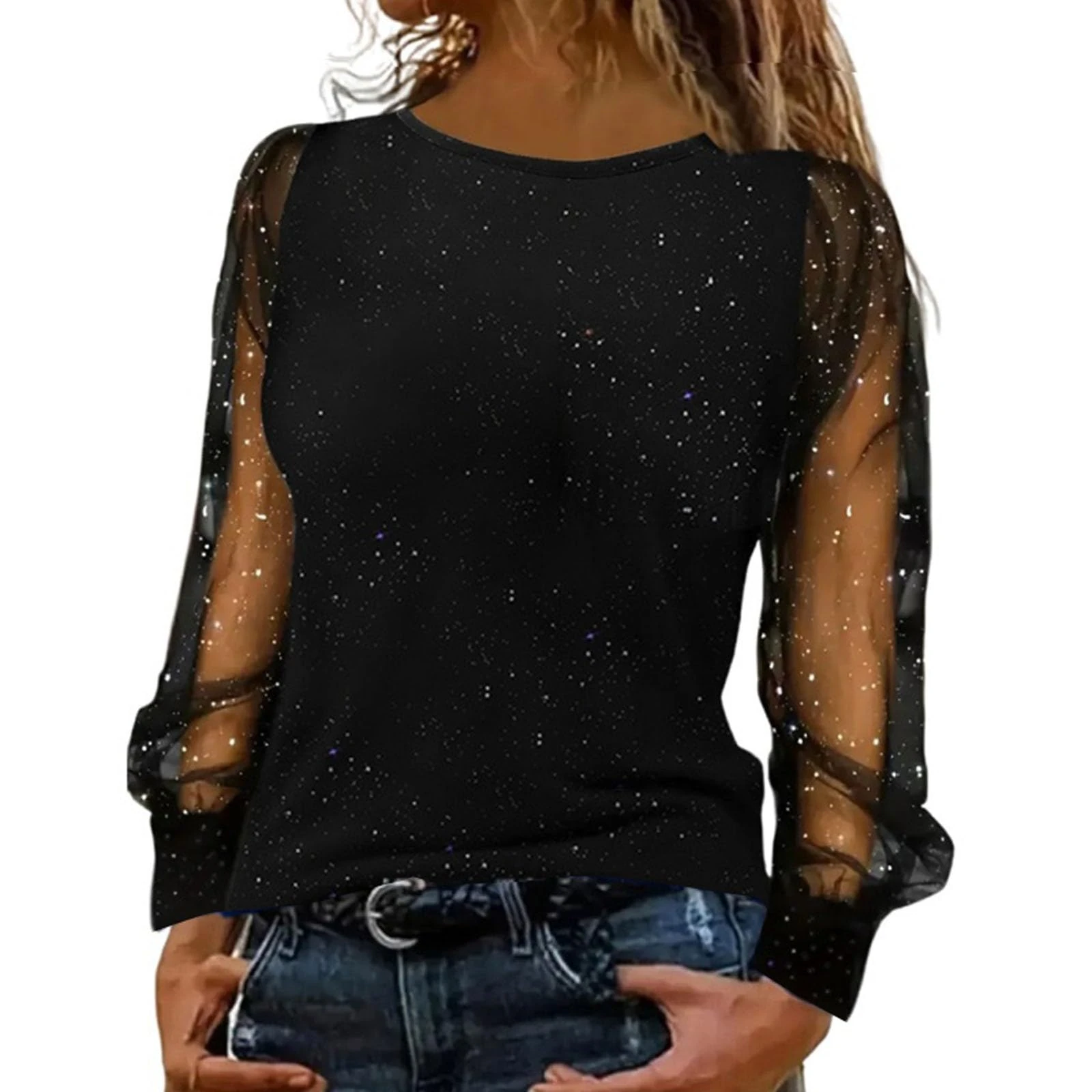Women's Sequin Tunic Tops V Neck T Shirt Casual Solid Color Jumpers Long Sleeve T-Shirts Loose Ladies Blouses Sparkly Tunic Tops Glitter Tee Shirts Pullover Women UK Elegant