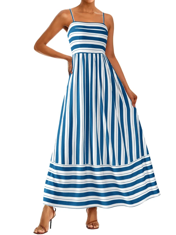 PRETTYGARDEN Summer Dresses for Women 2025 Beach Maxi Dress Spaghetti Strap Floral Boho A Line Wedding Guest Flowy Long Dress, Striped White Blue, M