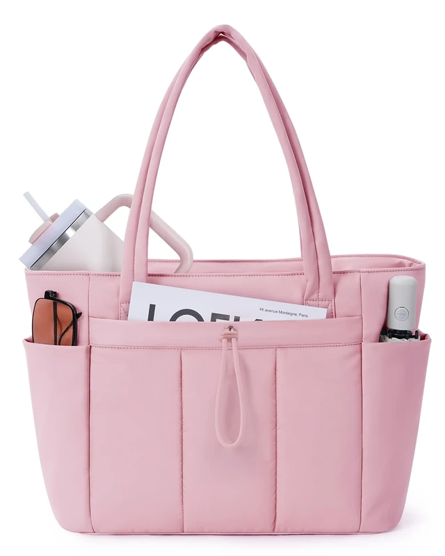 Wandering Nature Puffer Tote Bag with Cup Holder & Laptop Compartment & Trolley Sleeve for Travel, Work, Nurse, Women, Pink, L - Image 1