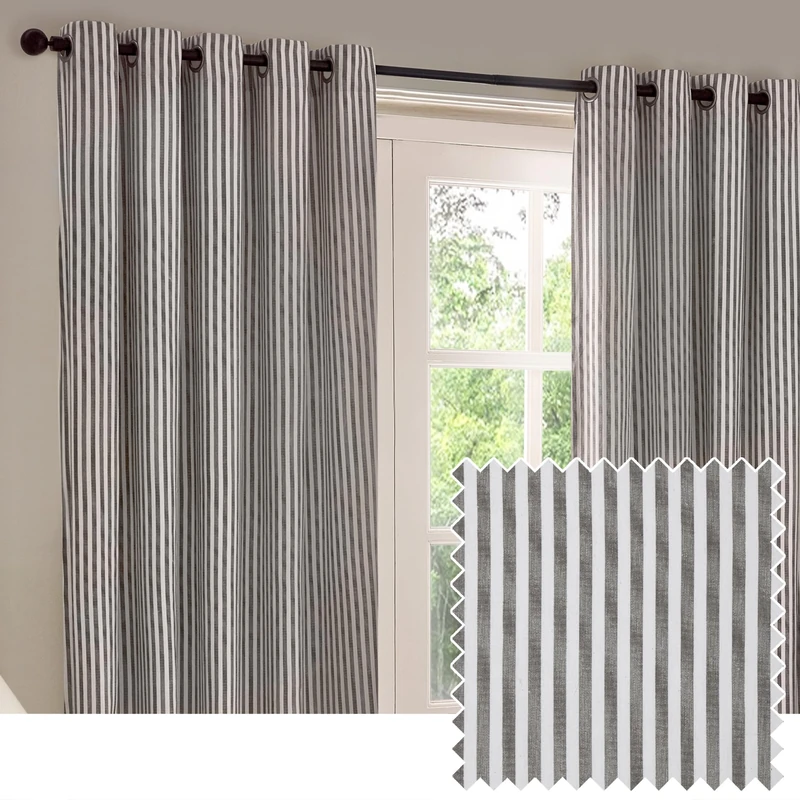 furn. Yard Hebden Eyelet Curtain Pair – Ultra Soft Cotton Lined Striped Curtains (Grey - 117x183cm)