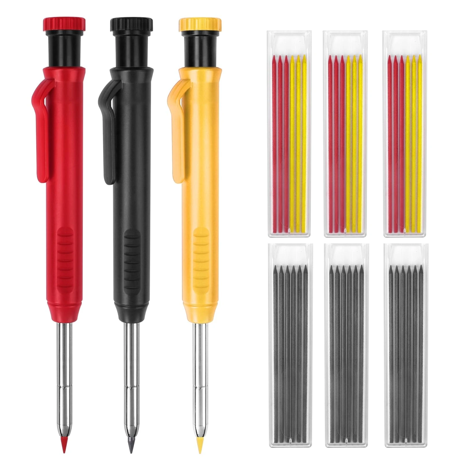 MECHEER Mechanical Pencil Set with 36 Refills, 3 Colors, Deep Hole Marker, Construction Pencil, Architect Woodworking Tool with Case