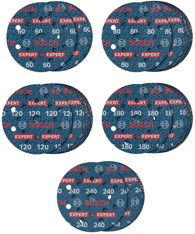 Bosch 55x EXPERT O780 Foil Sanding Disc Set, 125 mm, 55 pcs (for Hardwood, Paint on wood, Ø 125 mm, Grit 5 x 60, 15 x 80, 15 x 120, 15 x 180, 5 x 240, Professional Accessory Random Orbital Sander)