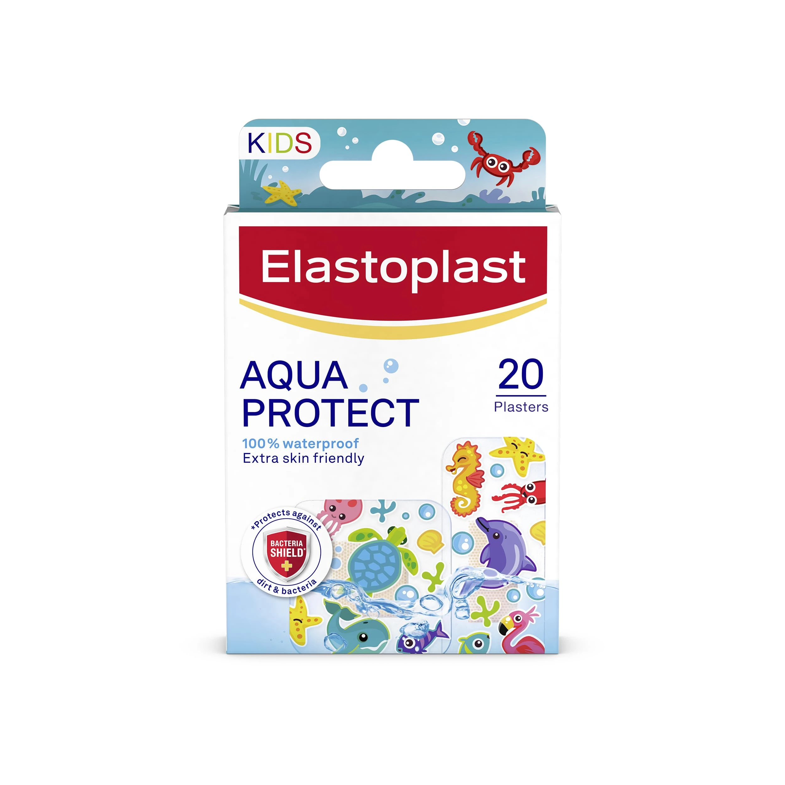 Elastoplast Aqua Protect Kids Plasters (20 Strips), 100% Waterproof and Flexible Plasters with Colourful Marine Designs for Minor Wounds, for Children