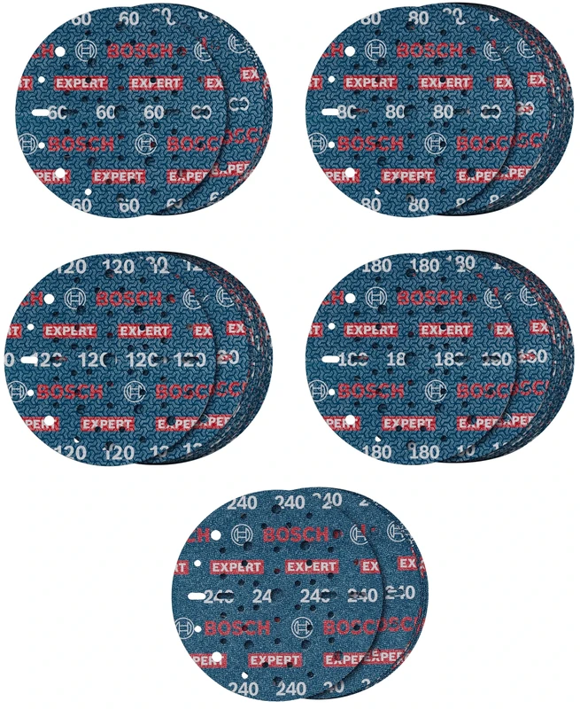 Bosch 55x EXPERT O780 Foil Sanding Disc Set, 150 mm, 55 pcs (for Hardwood, Paint on wood, Ø 150 mm, Grit 5 x 60, 15 x 80, 15 x 120, 15 x 180, 5 x 240, Professional Accessory Random Orbital Sander)