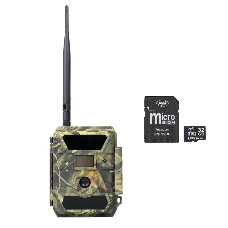 PNI Hunting 350C 12MP Hunting Camera Package with 3G Internet, SMS 32GB MicroSD Memory Card with SD Adapter