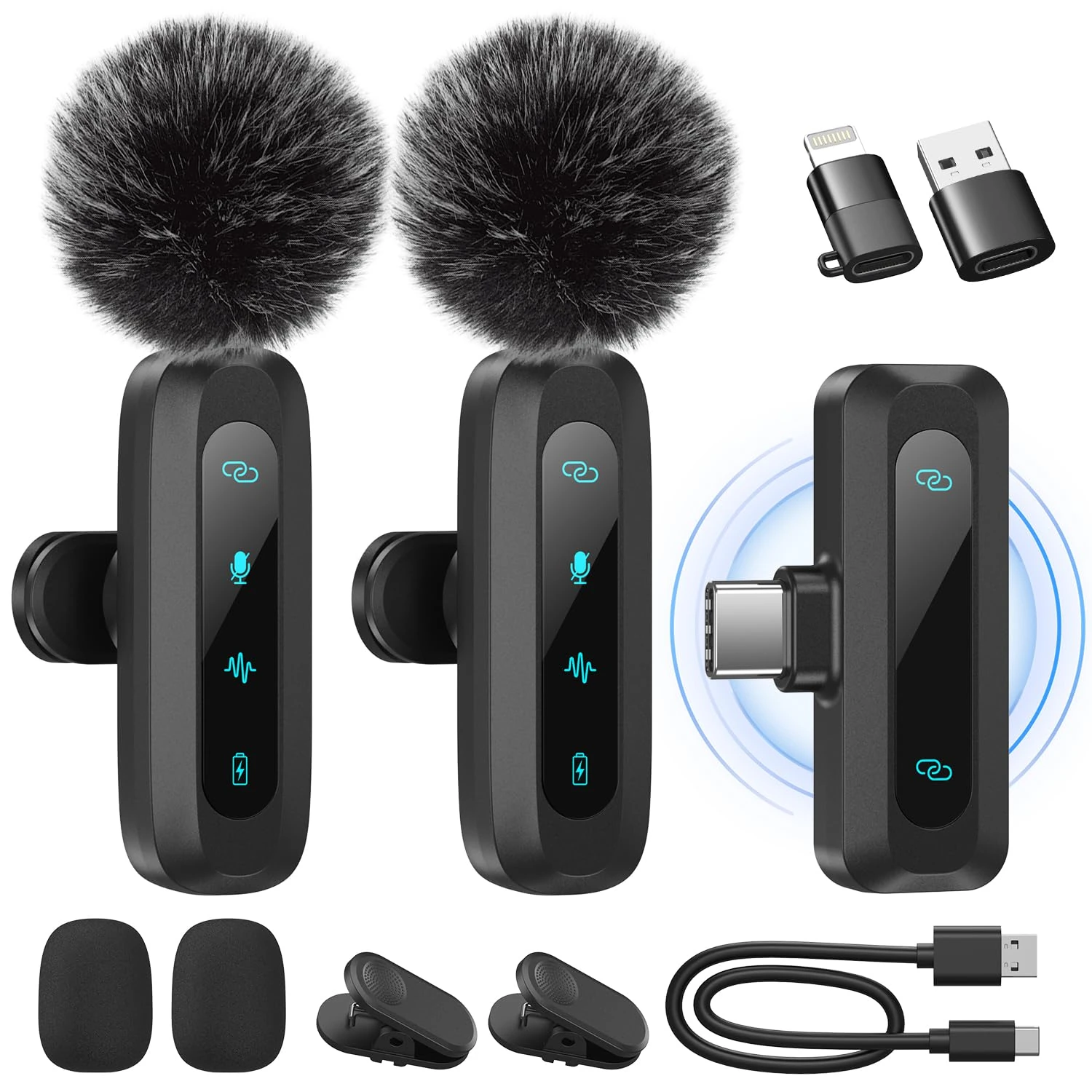 Wireless Lavalier Microphone for iPhone, iPad, Android Phone, 2-Pack Mini Microphone with Noise Reduction, Auto Pairing and Mute & Reverb for Vlogging, Video Recording, TikTok, YouTube - Plug & Play
