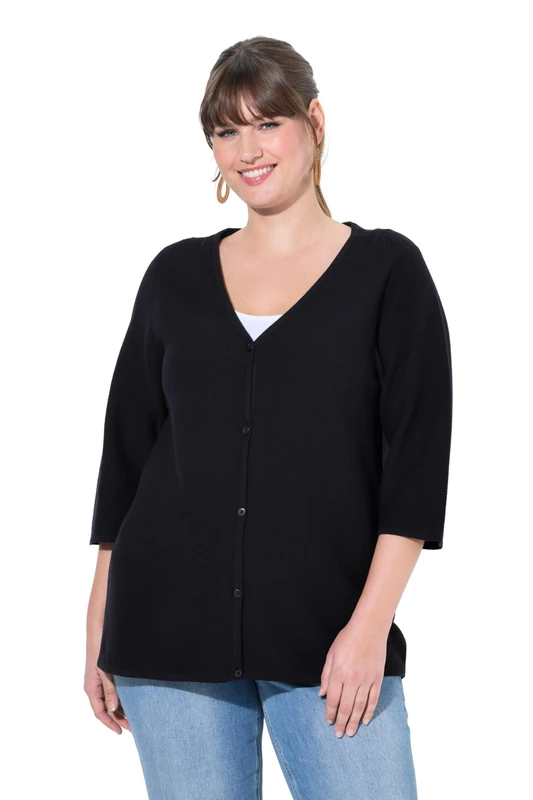 Ulla Popken Womenswear Plus Size Curvy Eco Cotton 3/4 Sleeve V-Neck Cardigan Black 54+ 826647100-54+ - Image 1