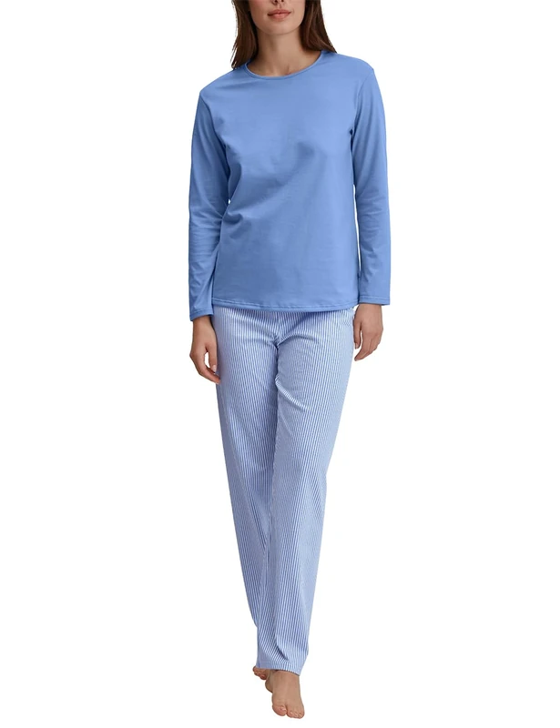 CALIDA Lovely Nights Women's Long Pyjamas, 100% Cotton, Breathable, Skin-friendly, Easy Care, Hydrangea Blue, 48-50