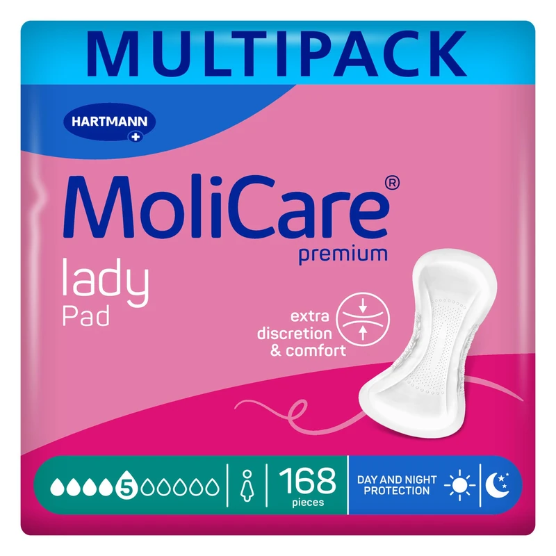 MoliCare Premium Lady Pad 5 Drops Extra-Long Incontinence Pads for Women with Bladder Weakness, Nighttime Protection, Odour Neutraliser, Advanced Skin Protection, 12 Packs of 14 Pads (68 Pieces)