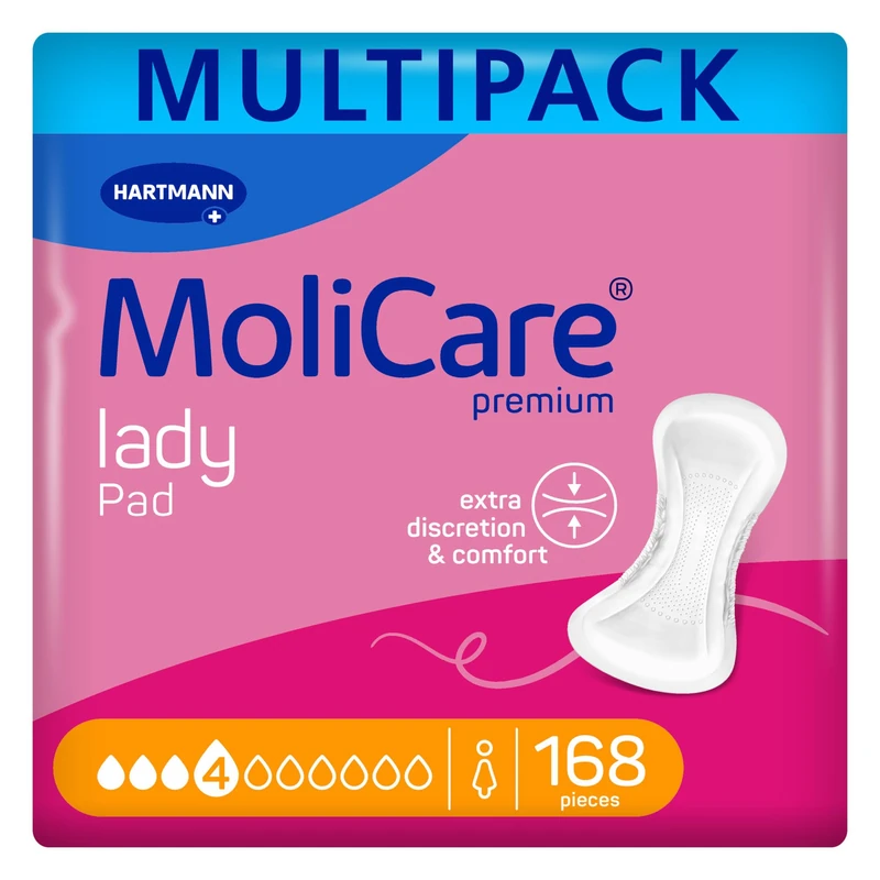 MoliCare Premium Lady Pad 4 Drop Extra-Long Incontinence Pads for Women with Bladder Weakness, Odour Neutraliser, Extra Leakage Protection, Advanced Skin Protection, 12 Packs of 14 Pads (168 Pieces)