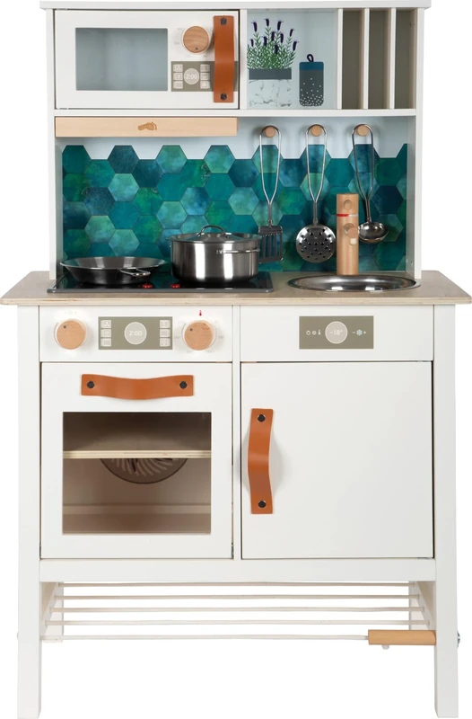 small foot Play Kitchen white tasty, wood, hob w/light and sound, 5 kitchen accessories, for kids aged 3+ years, 12673