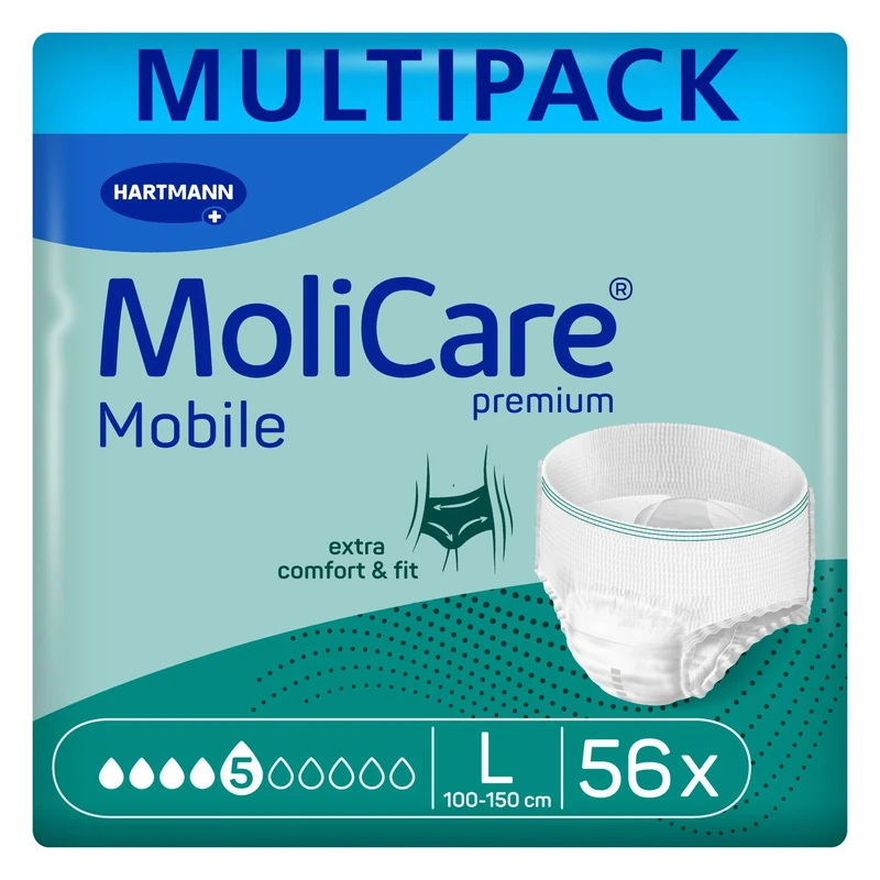 MoliCare Premium Mobile 5 Drops Size L | Incontinence Pants for Moderate Incontinence | Extra Leakage Protection | Advanced Skin Protection | 39-59 inches | 4 Packs of 14 Pairs (56 Pieces)