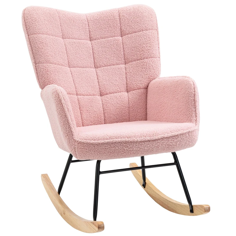 HOMCOM Wingback Rocking Chair for Nursing, Upholstered Berber Fleece Nursery Glider Rocker, Modern Armchair for Living Room, Pink
