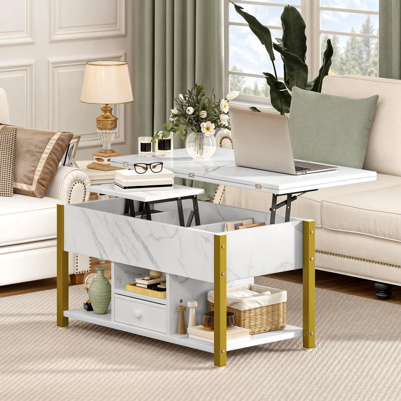 YITAHOME Convertible Coffee Table with Drawers, 4-in-1 Lift-Top TeaTable with Hidden Storage Compartment, Transforms from Coffee Table to Dining Table in Living Room or Dining Room, White Marble