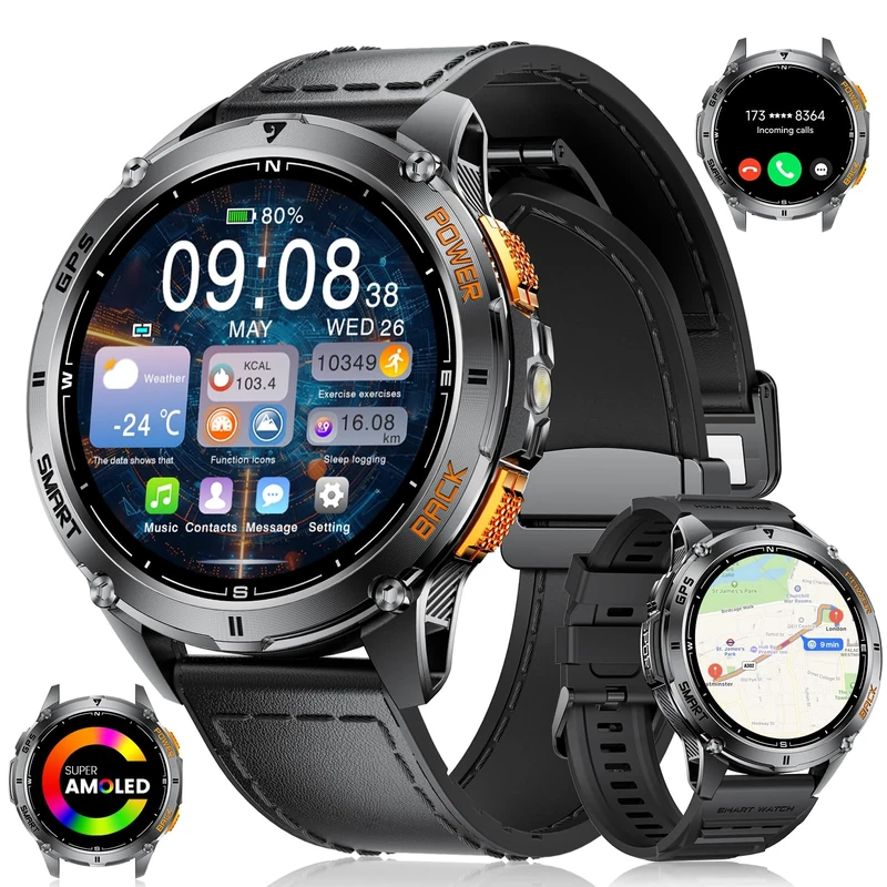 LIGE GPS Military Smart Watch for Men with Make/Answer Call, 1.43"AMOLED Display Smartwatch with LED Flashlight/Barometer/Altimeter/Compass/530mAh Battery/110+Sports Modes, iOS Android Fitness Tracker