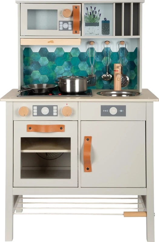 small foot Play Kitchen grey tasty, wood, hob w/light and sound, 5 kitchen accessories, for kids aged 3+ years, 12672
