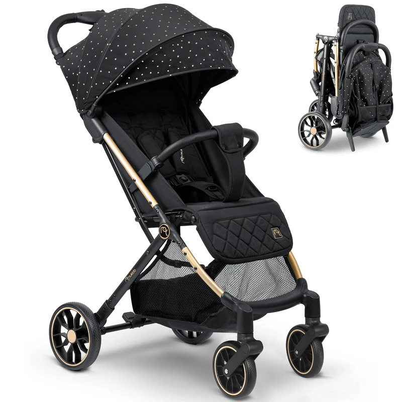 Nukido Baby Stroller with Carry Bag 0-36 Months 0-15kg Automatic Folding in 2 Second 360 Cushioning Large Off-Road Wheels Black Gold Ride, One Size