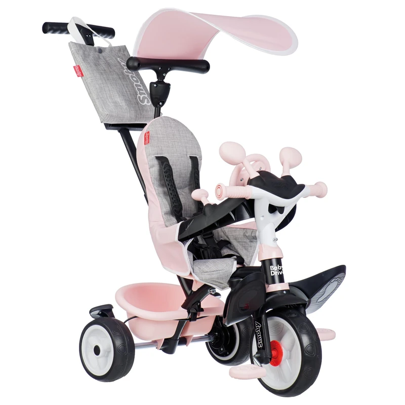 Smoby - Baby Driver Pink Tricycle - 3 in 1 Evolutionary - Parental Handle Adjustable to 3 Heights - Parking Brake, Footrest, Anti-UV Sunshade - From 10 Months to 3 Years - Made in Spain