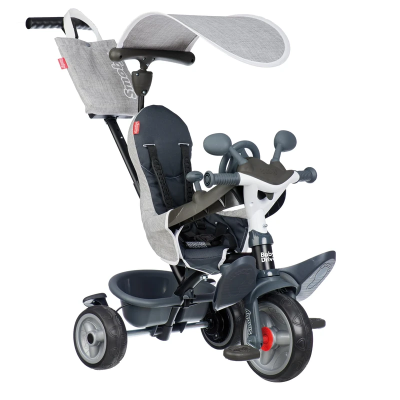 Smoby - Baby Driver Grey Tricycle - 3 in 1 Evolutionary - Parental Handle Adjustable to 3 Heights - Parking Brake, Footrest, Anti-UV Sunshade - From 10 Months to 3 Years - Made in Spain
