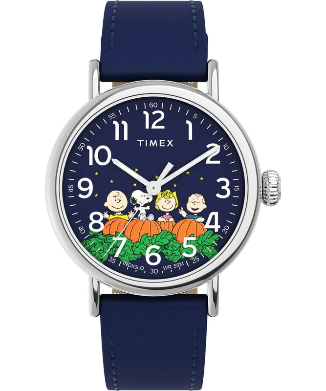 Timex Men's Peanuts Pumpkin Patch 40 mm Watch - Blue Leather Strap with Blue Dial and Silver-Tone Case TW2W72700